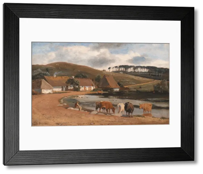 Framed Print : Cows being Watered at a Village Pond. Brofelde, Zealand, 1844. Creator: Johan Thomas Lundbye Framed Print : Cows being Watered at a Village Pond. Brofelde, Zealand, 1844. Creator: Johan Thomas Lundbye
