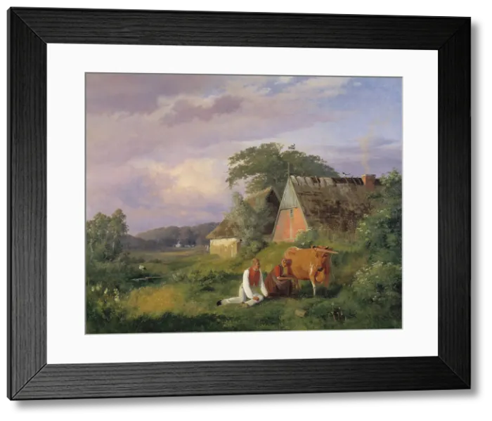 Framed Print : Milking scene. Illustrating a poem by Christian Winther, 1841. Creator: Johan Thomas Lundbye Framed Print : Milking scene. Illustrating a poem by Christian Winther, 1841. Creator: Johan Thomas Lundbye