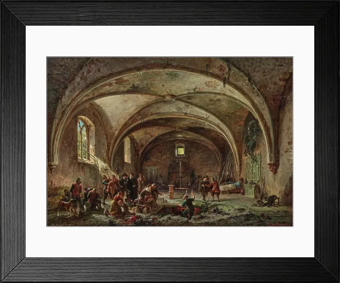 Framed Print : Finding of a gang of thieves in an abandoned chapel, 1854. Creator: Wille, August von (1829-1887) Framed Print : Finding of a gang of thieves in an abandoned chapel, 1854. Creator: Wille, August von (1829-1887)