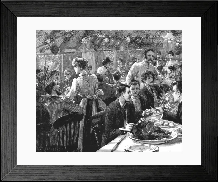 Framed Print : The Cyclists Sunday Dinner at Ripley; The Clubs at Dinner. 1891. Creator: Charles Joseph Staniland Framed Print : The Cyclists Sunday Dinner at Ripley; The Clubs at Dinner. 1891. Creator: Charles Joseph Staniland