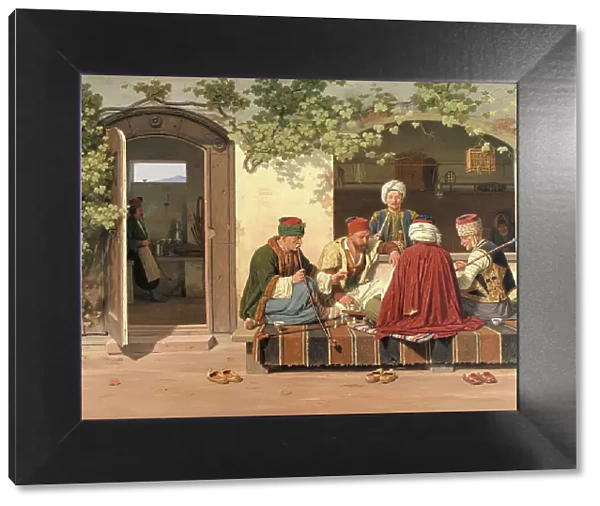 A party of chess players outside a Turkish coffeehouse and barbershop, 1845. Creator: Martinus Rorbye