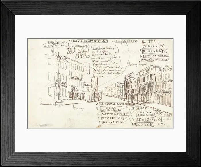 Framed Print : Street Perspective with Places of Business Labeled. Creator: George Cruikshank Framed Print : Street Perspective with Places of Business Labeled. Creator: George Cruikshank