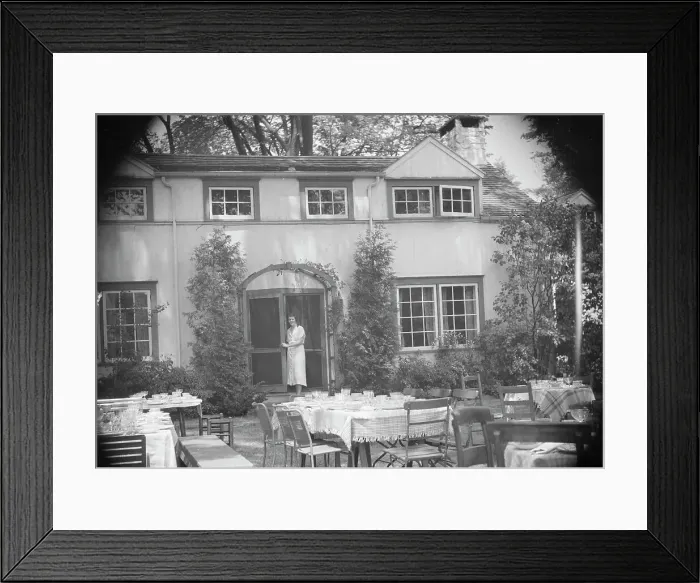 Framed Print : Mrs. Mary Benson standing at the entrance to her house, between 1933 and 1942. Creator: Arnold Genthe Framed Print : Mrs. Mary Benson standing at the entrance to her house, between 1933 and 1942. Creator: Arnold Genthe