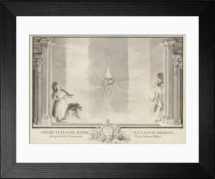 Framed Print : Two Actors Peeking through a Theater Curtain while Others Prepare the Footlights. Creator: Johann Esaias Nilson Framed Print : Two Actors Peeking through a Theater Curtain while Others Prepare the Footlights. Creator: Johann Esaias Nilson