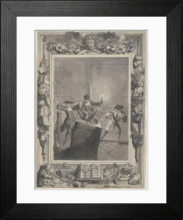 Framed Print : Le Lutrin: A Night Scene with Boirude, Brontin, and L'Amour Surprised by an Owl Flying... c. 1718. Creators: Bernard Picart, Nicolas Boileau Despreaux Framed Print : Le Lutrin: A Night Scene with Boirude, Brontin, and L'Amour Surprised by an Owl Flying... c. 1718. Creators: Bernard Picart, Nicolas Boileau Despreaux