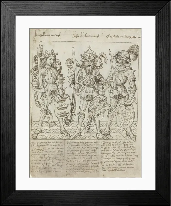 Framed Print : King Arthur, Charlemagne and Godfrey of Boulogne, 1492. Creator: Master of the Strassburg Chronicle Framed Print : King Arthur, Charlemagne and Godfrey of Boulogne, 1492. Creator: Master of the Strassburg Chronicle