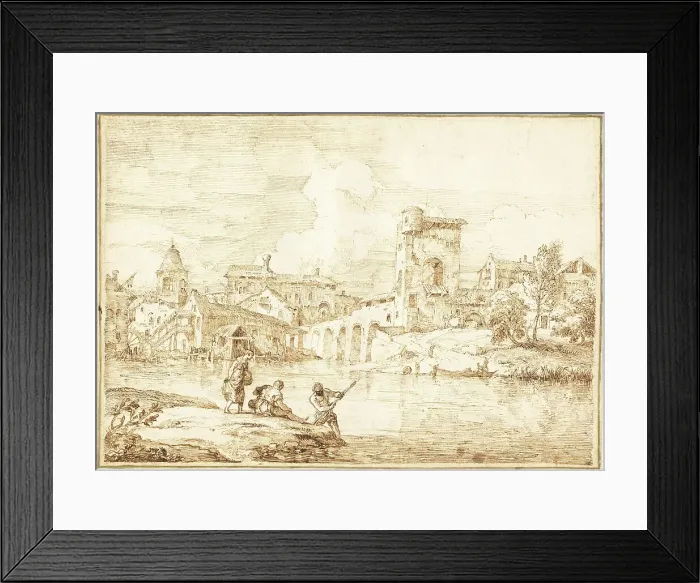 Framed Print : A Fortified Village along a River, 1727 / 1729. Creator: Marco Ricci