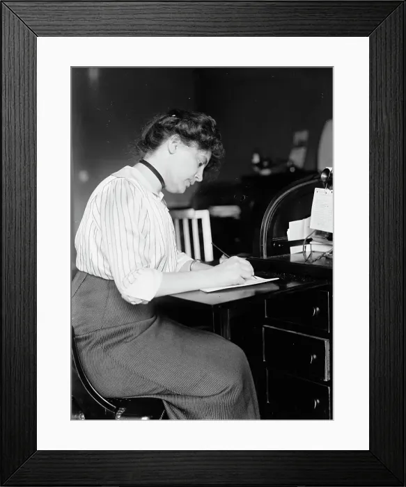 Framed Print : Miss Carolyn B. Sheldon at Desk, 1914. Creator: Harris & Ewing. Miss Carolyn B. Sheldon at Desk, 1914. Creator: Harris & Ewing Framed Print : Miss Carolyn B. Sheldon at Desk, 1914. Creator: Harris & Ewing. Miss Carolyn B. Sheldon at Desk, 1914. Creator: Harris & Ewing