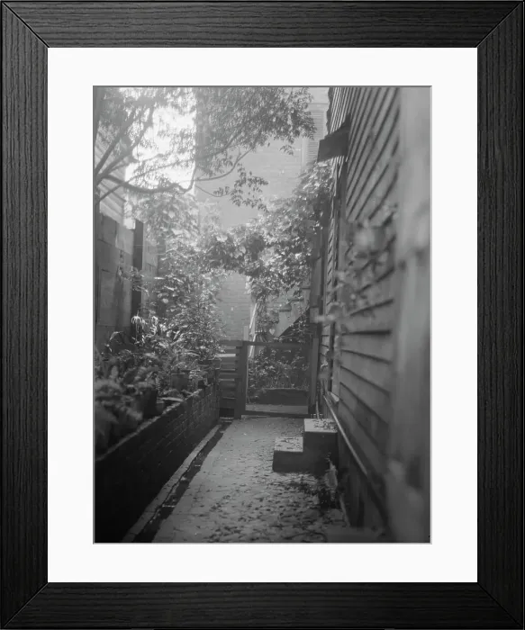 Framed Print : View down narrow outdoor passageway, New Orleans or Charleston, South Carolina, c1920-1926. Creator: Arnold Genthe Framed Print : View down narrow outdoor passageway, New Orleans or Charleston, South Carolina, c1920-1926. Creator: Arnold Genthe