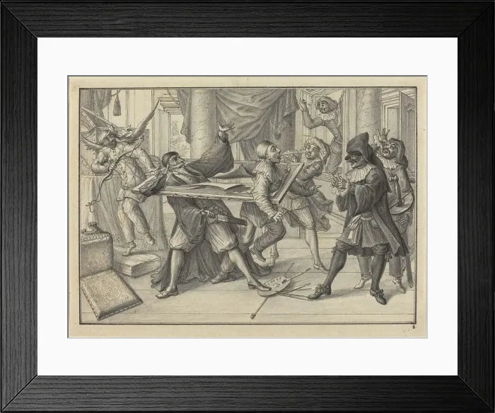 Framed Print : Mezzetin and Harlequin Use the Picture Frame to Catch Pantaloon and Pierrot, c. 1729. Creator: Johann Jakob Schübler Framed Print : Mezzetin and Harlequin Use the Picture Frame to Catch Pantaloon and Pierrot, c. 1729. Creator: Johann Jakob Schübler