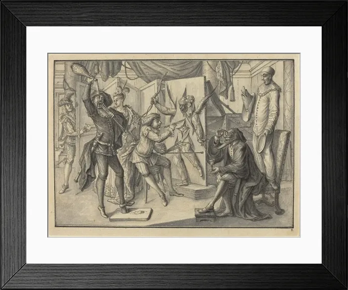 Framed Print : Mezzetin Paints a Portrait of Cupid by Cutting the Canvas to Reveal Harlequin, c. 1729. Creator: Johann Jakob Schübler. Mezzetin Paints a Portrait of Cupid by Cutting the Canvas to Reveal Harlequin, c. 1729 Framed Print : Mezzetin Paints a Portrait of Cupid by Cutting the Canvas to Reveal Harlequin, c. 1729. Creator: Johann Jakob Schübler. Mezzetin Paints a Portrait of Cupid by Cutting the Canvas to Reveal Harlequin, c. 1729
