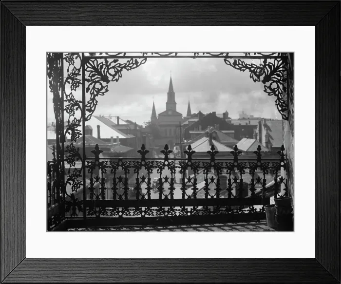 Framed Print : A vista through iron lace, New Orleans, between 1920 and 1926. Creator: Arnold Genthe Framed Print : A vista through iron lace, New Orleans, between 1920 and 1926. Creator: Arnold Genthe