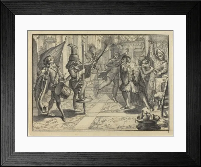 Framed Print : Mezzetin and Harlequin, Disguised as the Captain, Disrupt Pantaloon's Dinner, c. 1729. Creator: Johann Jakob Schübler Framed Print : Mezzetin and Harlequin, Disguised as the Captain, Disrupt Pantaloon's Dinner, c. 1729. Creator: Johann Jakob Schübler