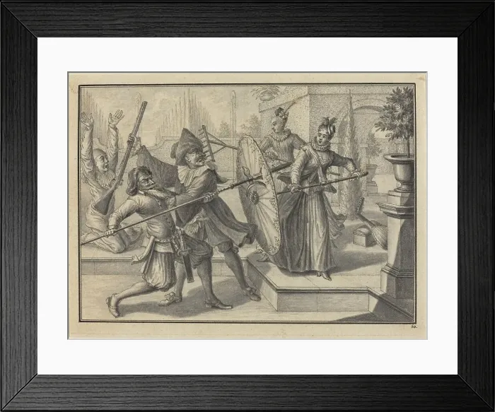 Framed Print : Pantaloon and the Doctor Fighting with Columbine and Brigatella in the Garden, c. 1729. Creator: Johann Jakob Schübler Framed Print : Pantaloon and the Doctor Fighting with Columbine and Brigatella in the Garden, c. 1729. Creator: Johann Jakob Schübler