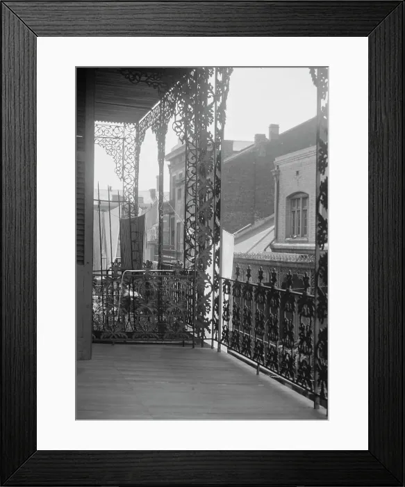 Framed Print : Upper level balconies with wrought iron on St. Peter Street, New Orleans, between 1920 and 1926. Creator: Arnold Genthe Framed Print : Upper level balconies with wrought iron on St. Peter Street, New Orleans, between 1920 and 1926. Creator: Arnold Genthe