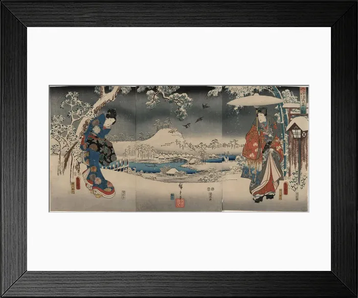 Framed Print : A modern version of the Tale of Genji in snow scenes (Furyu genji yuki no nagame), 1853. Creator: Kunisada (Toyokuni III), Utagawa (1786-1864) Framed Print : A modern version of the Tale of Genji in snow scenes (Furyu genji yuki no nagame), 1853. Creator: Kunisada (Toyokuni III), Utagawa (1786-1864)