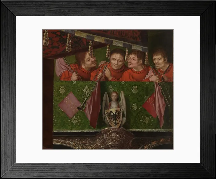Framed Print : Altarpiece of the Joiners Guild. Detail: the trumpeters, 1511. Creator: Massys, Quentin (1466-1530) Framed Print : Altarpiece of the Joiners Guild. Detail: the trumpeters, 1511. Creator: Massys, Quentin (1466-1530)