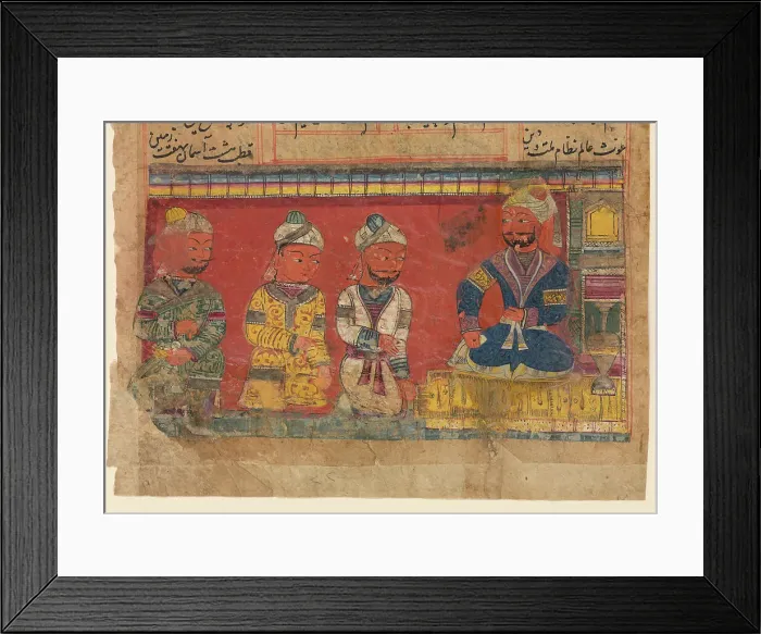 Framed Print : Nizamuddin Awliya with three attendants. From a Khamsa (Quintet) by Amir Khusraw Dihlavi, c. 1450. Creator: Anonymous Framed Print : Nizamuddin Awliya with three attendants. From a Khamsa (Quintet) by Amir Khusraw Dihlavi, c. 1450. Creator: Anonymous