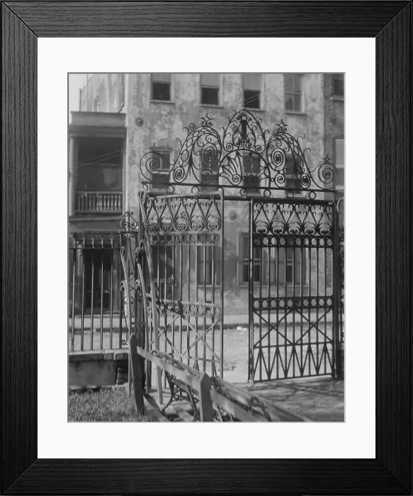 Framed Print : Park gate and houses, [36 Chalmers Street through Washington Park Gate], Charleston... c1920-c1926. Creator: Arnold Genthe