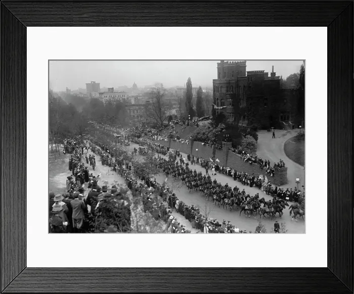 Framed Print : French Commission To U.S. - Procession Down 16th Street, 1917. Creator: Harris & Ewing. French Commission To U.S. - Procession Down 16th Street, 1917. Creator: Harris & Ewing