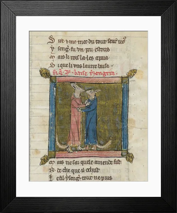 Framed Print : Reynardus and Ysengrimus. Miniature from Renart le Nouvel by Jacquemart Giélée, c. 1300. Creator: Anonymous Framed Print : Reynardus and Ysengrimus. Miniature from Renart le Nouvel by Jacquemart Giélée, c. 1300. Creator: Anonymous
