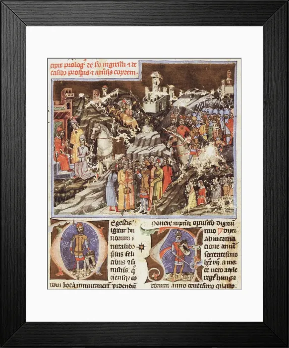 Framed Print : Hungarian conquest of the Carpathian Basin. Miniature from the Chronicon Pictum, ca 1365. Creator: Mark of Kalt (Kalti Mark) (active 1336-1373) Framed Print : Hungarian conquest of the Carpathian Basin. Miniature from the Chronicon Pictum, ca 1365. Creator: Mark of Kalt (Kalti Mark) (active 1336-1373)
