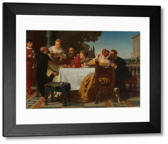 Framed Print : A Banquet - Sebastiano del Piombo and Jacopo Strada visits Titian in Venice, 1862. Creator: Kraus, Friedrich (1826-1894) Framed Print : A Banquet - Sebastiano del Piombo and Jacopo Strada visits Titian in Venice, 1862. Creator: Kraus, Friedrich (1826-1894)