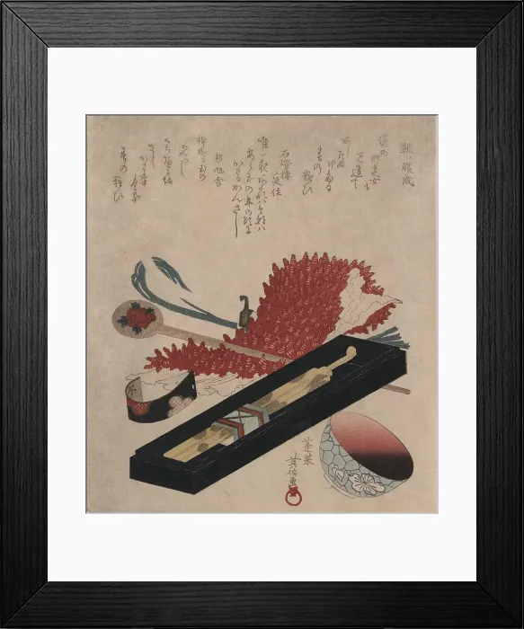 Framed Print : Shibori, hairpin, and lip color bowl, between 1818 and 1830. Creator: Horai, Hidenobu (active 1805-1825) Framed Print : Shibori, hairpin, and lip color bowl, between 1818 and 1830. Creator: Horai, Hidenobu (active 1805-1825)