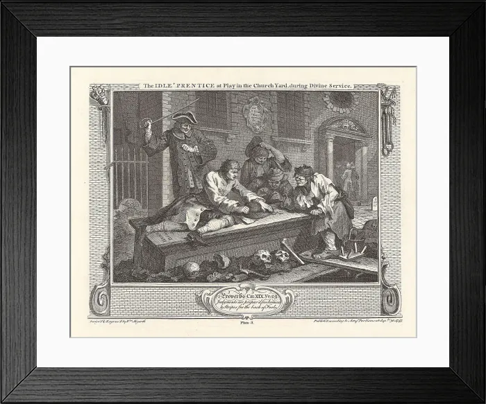 Framed Print : Series Industry and Idleness, Plate 3: The Idle Prentice at Play in the Church Yard... 1747. Creator: Hogarth, William (1697-1764). Series Industry and Idleness, Plate 3: The Idle Prentice at Play in the Church Yard... 1747 Framed Print : Series Industry and Idleness, Plate 3: The Idle Prentice at Play in the Church Yard... 1747. Creator: Hogarth, William (1697-1764). Series Industry and Idleness, Plate 3: The Idle Prentice at Play in the Church Yard... 1747