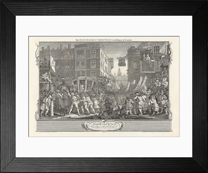 Framed Print : Series Industry and Idleness, Plate 12: The Industrious Prentice Lord-Mayor of London, 1747. Creator: Hogarth, William (1697-1764). Series Industry and Idleness, Plate 12: The Industrious Prentice Lord-Mayor of London, 1747 Framed Print : Series Industry and Idleness, Plate 12: The Industrious Prentice Lord-Mayor of London, 1747. Creator: Hogarth, William (1697-1764). Series Industry and Idleness, Plate 12: The Industrious Prentice Lord-Mayor of London, 1747