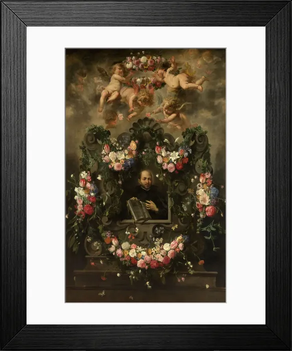 Framed Print : Saint Ignatius of Loyola in a wreath of flowers, 1643. Creator: Balen, Jan, van (1611-1654) Framed Print : Saint Ignatius of Loyola in a wreath of flowers, 1643. Creator: Balen, Jan, van (1611-1654)
