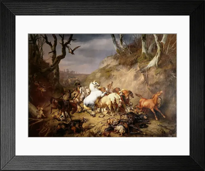 Framed Print : Hungry Wolves Attacking a Party of Riders, 1836. Creator: Eugène Verboeckhoven Framed Print : Hungry Wolves Attacking a Party of Riders, 1836. Creator: Eugène Verboeckhoven