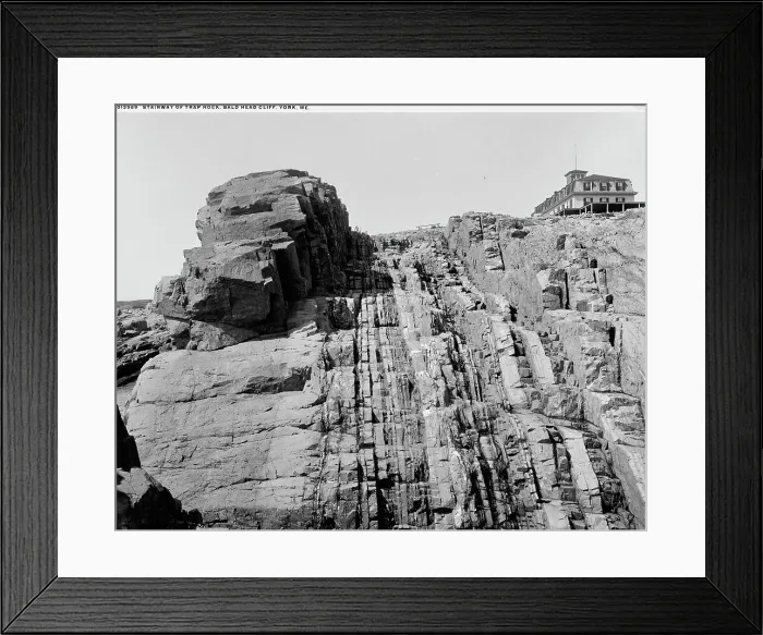 Framed Print : Stairway of Trap Rock, Baldhead (i.e. Bald Head) Cliff, York, Me. between 1900 and 1906. Creator: Unknown Framed Print : Stairway of Trap Rock, Baldhead (i.e. Bald Head) Cliff, York, Me. between 1900 and 1906. Creator: Unknown