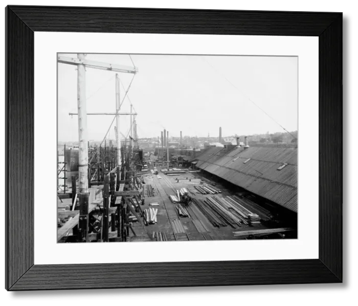 Framed Print : Globe Iron Works ship yard, Cleveland, ca 1900. Creator: Unknown Framed Print : Globe Iron Works ship yard, Cleveland, ca 1900. Creator: Unknown
