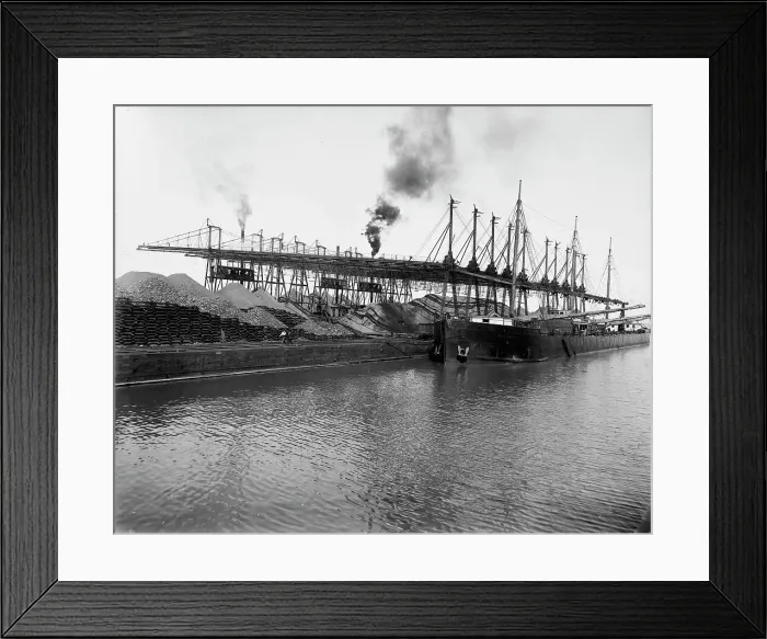 Framed Print : Unloading ore at L.S. & M.S. [Lake Shore & Michigan Southern] Ry. Co.'s docks, Ashtabula, Ohio, c1900 Creator: Unknown. Unloading ore at L.S. & M.S. [Lake Shore & Michigan Southern] Ry. Co.'s docks, Ashtabula, Ohio, c1900 Creator: Unknown