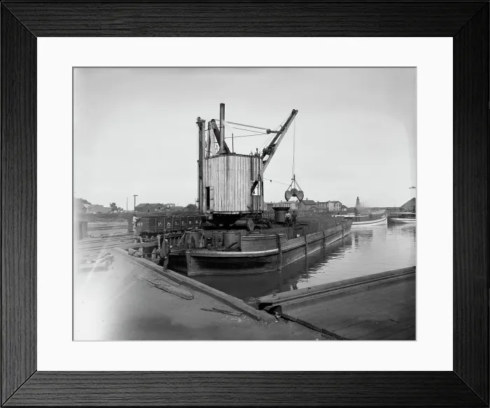 Framed Print : Fueling lighter with clam shell hoist, Ashtabula, Ohio, ca 1900. Creator: Unknown Framed Print : Fueling lighter with clam shell hoist, Ashtabula, Ohio, ca 1900. Creator: Unknown
