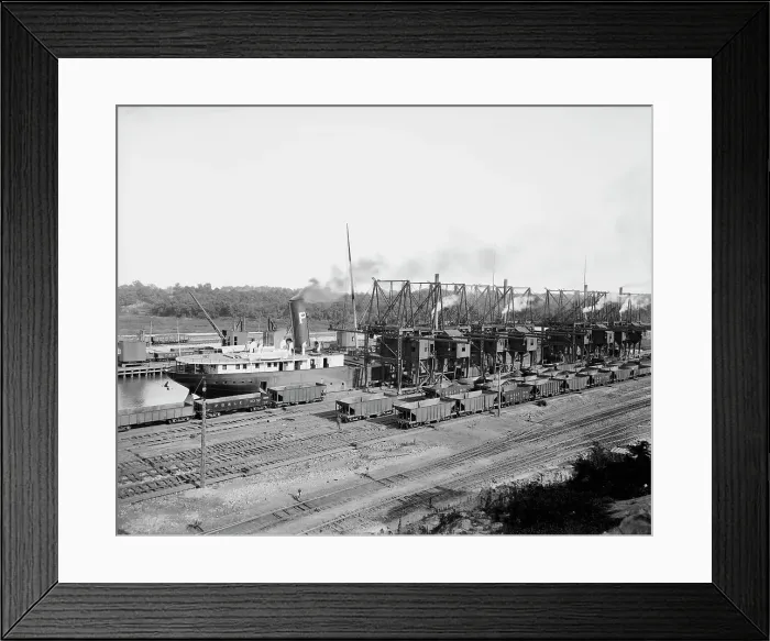Framed Print : Unloading ore at Conneaut, Ohio, Brown conveying hoists, ca 1900. Creator: Unknown Framed Print : Unloading ore at Conneaut, Ohio, Brown conveying hoists, ca 1900. Creator: Unknown