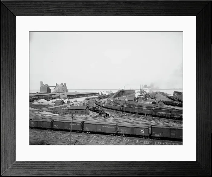 Framed Print : Anchor Line docks and Penna. R.R. [Pennsylvania Railroad] coal & ore docks, Erie, Pa. ca 1900. Creator: Unknown. Anchor Line docks and Penna. R.R. [Pennsylvania Railroad] coal & ore docks, Erie, Pa. ca 1900. Creator: Unknown