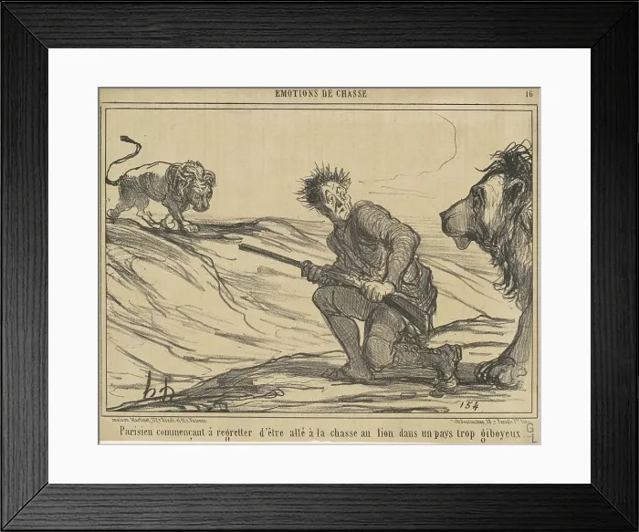 Framed Print : Parisien commencant a regretter... la chasse au lion... 19th century. Creator: Honore Daumier Framed Print : Parisien commencant a regretter... la chasse au lion... 19th century. Creator: Honore Daumier