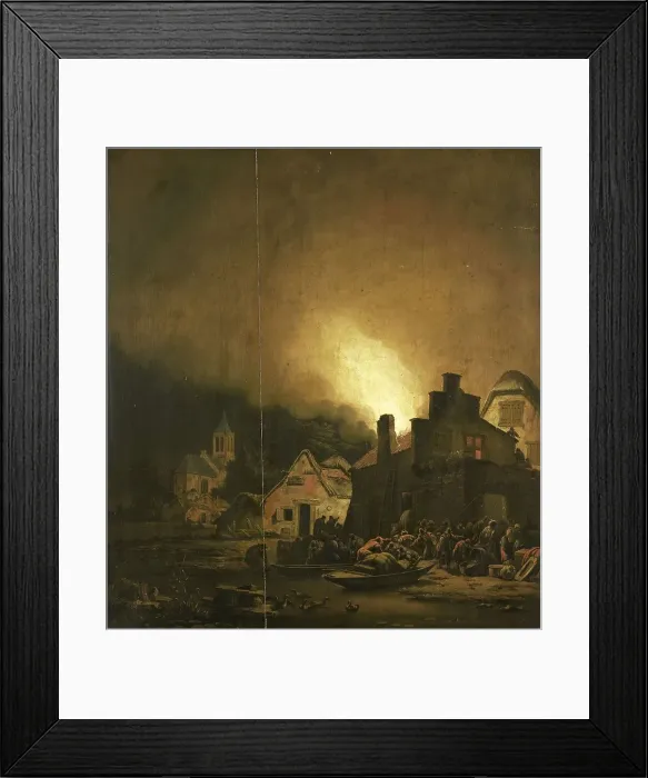 Framed Print : Fire by night in a Village, 1650-1685. Creator: Adam Colonia