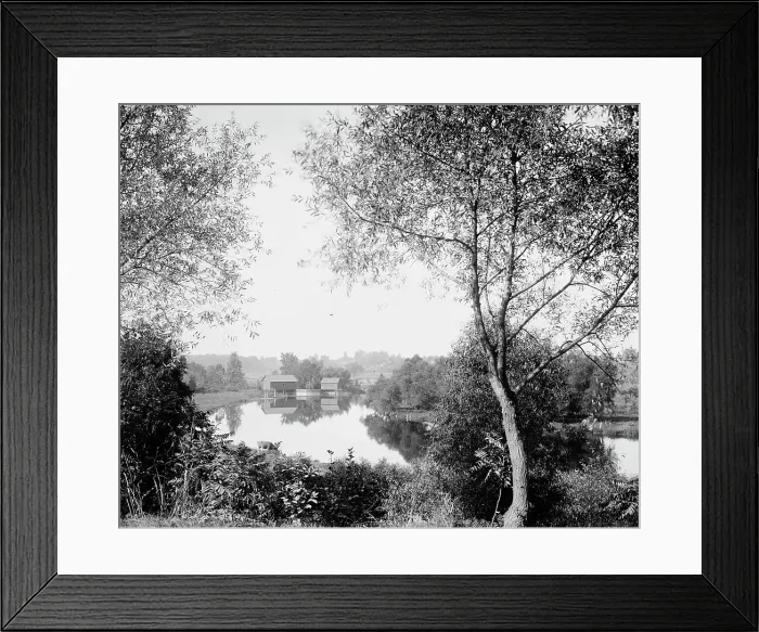 Framed Print : Buildings by river, probably the Huron River, Ypsilanti, Michigan, between 1900 and 1910. Creator: Unknown Framed Print : Buildings by river, probably the Huron River, Ypsilanti, Michigan, between 1900 and 1910. Creator: Unknown