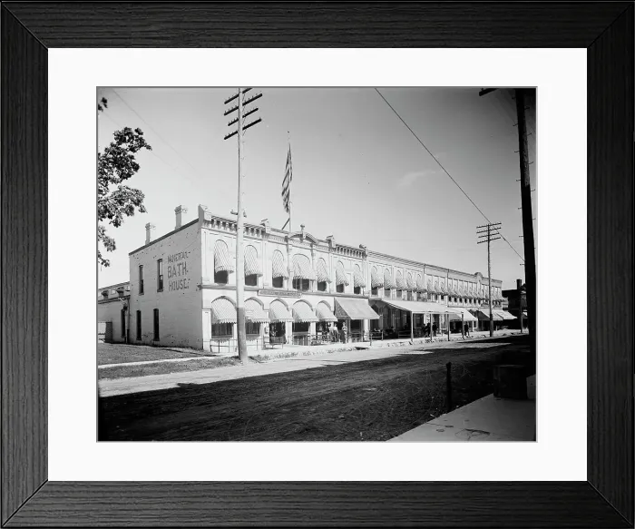 Framed Print : Commercial block with mineral bath house at left, probably Ypsilanti, Michigan, c1900-1910. Creator: Unknown Framed Print : Commercial block with mineral bath house at left, probably Ypsilanti, Michigan, c1900-1910. Creator: Unknown