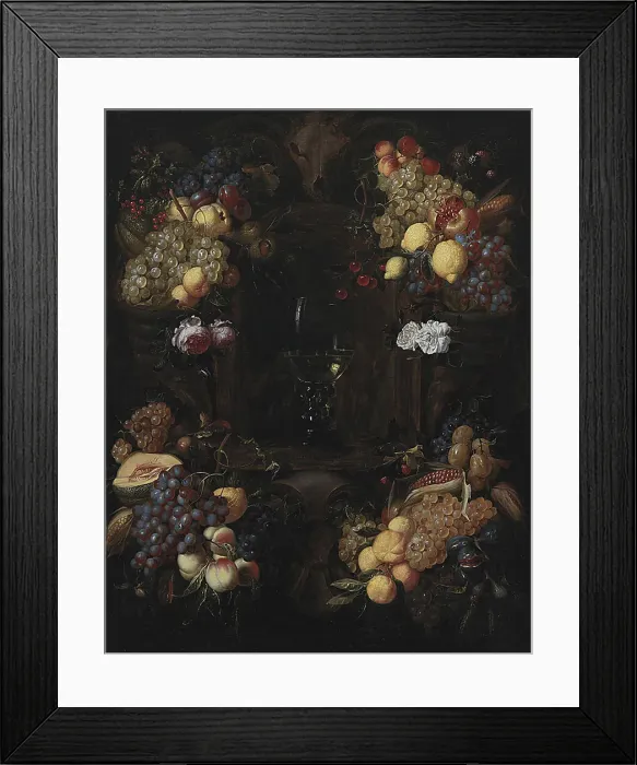 Framed Print : Cartouche with Garlands of Fruit and a Wine Glass, 1651-1750. Creator: Alexander Coosemans Framed Print : Cartouche with Garlands of Fruit and a Wine Glass, 1651-1750. Creator: Alexander Coosemans