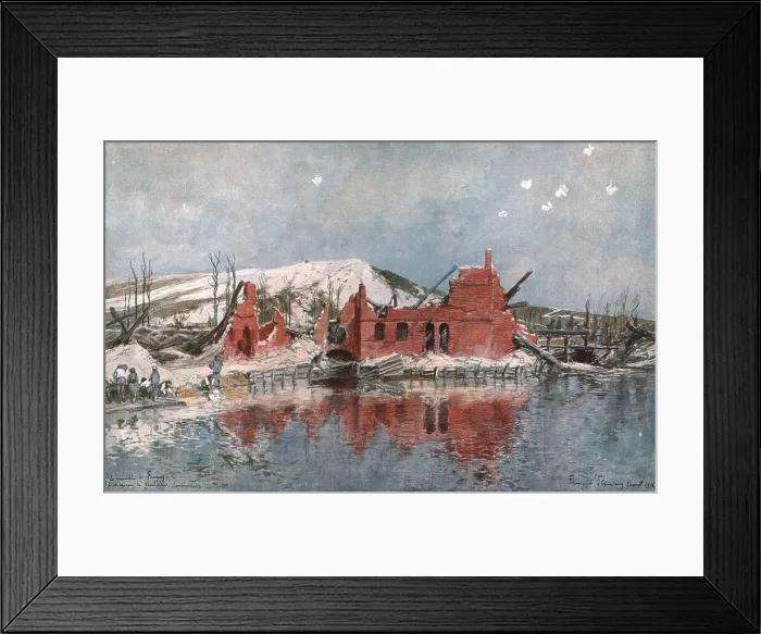 Framed Print : Le Moulin de Fargny, ou passait la premiere ligne francaise, et le Chapeau de... 1916 (1924) Creator: Francois Flameng Framed Print : Le Moulin de Fargny, ou passait la premiere ligne francaise, et le Chapeau de... 1916 (1924) Creator: Francois Flameng
