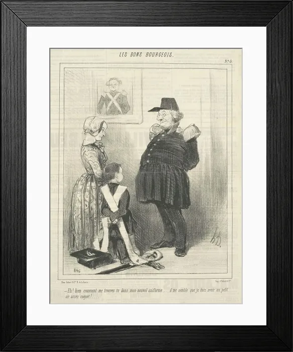 Framed Print : Eh! Bien comment me trouves-tu dans mon nouvel uniforme... 19th century. Creator: Honore Daumier Framed Print : Eh! Bien comment me trouves-tu dans mon nouvel uniforme... 19th century. Creator: Honore Daumier