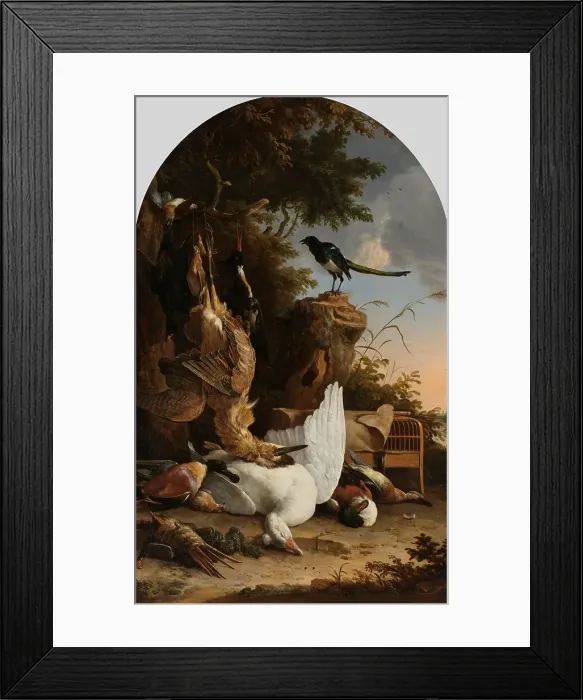 Framed Print : A Hunter's Bag near a Tree Stump with a Magpie, Known as ‘The Contemplative Magpie, c.1678. Creator: Melchior d'Hondecoeter Framed Print : A Hunter's Bag near a Tree Stump with a Magpie, Known as ‘The Contemplative Magpie, c.1678. Creator: Melchior d'Hondecoeter