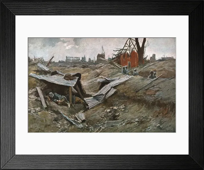 Framed Print : Bataille de la Somme; Village de Dompierre, 1916 (1924) Creator: Francois Flameng