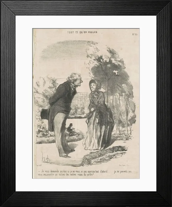 Framed Print : Je vous demande pardon si je ne vous ai pas apercue... 19th century. Creator: Honore Daumier Framed Print : Je vous demande pardon si je ne vous ai pas apercue... 19th century. Creator: Honore Daumier