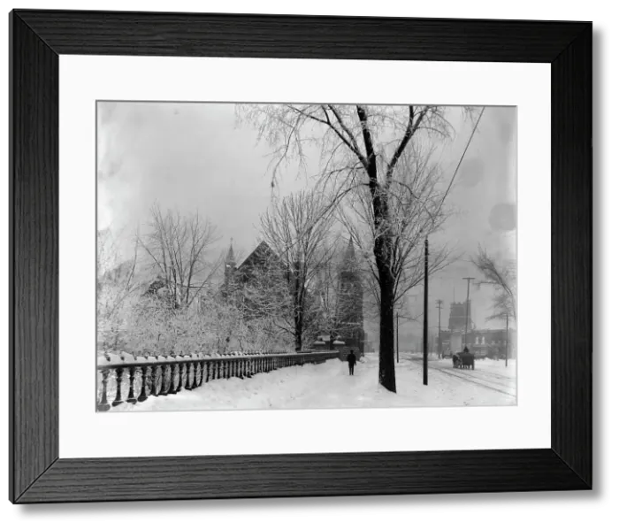 Framed Print : Church and Grand River Avenue in snow, Detroit, Mich. between 1900 and 1905. Creator: Unknown Framed Print : Church and Grand River Avenue in snow, Detroit, Mich. between 1900 and 1905. Creator: Unknown