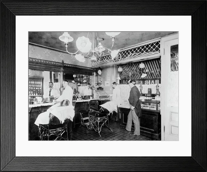 Framed Print : L.C. Wiseman, barber shop, New York City, between 1895 and 1910. Creator: Unknown Framed Print : L.C. Wiseman, barber shop, New York City, between 1895 and 1910. Creator: Unknown